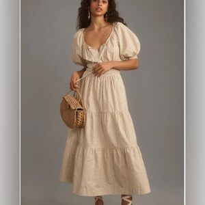 Anthropologie Dress Womens 1X Dot Puff Sleeve Smocked Tiered Maxi Pockets Boho